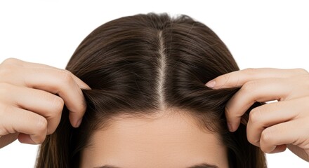Naklejka premium Woman Examining Scalp for Hair Loss or Thinning