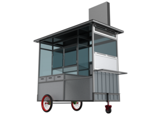 Isolated 3D Rendering of Modern Fried Food Cart Mobile Vendor Kiosk: Metallic Street Food Business Unit with Blank Neon Box Sign Template on Transparent PNG Background 4 Catering Service Design Assets