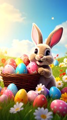Cute Easter bunny with colorful eggs