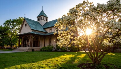Picturesque church amidst blooming dogwood with radiant sunbeams in spring