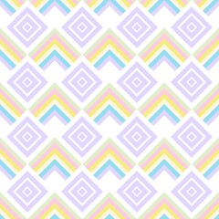 A charming and elegant seamless pattern with a delightful mix of chevrons and diamonds. The soft pastel palette of purple, pink, yellow, and blue.