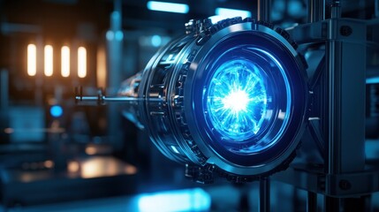 Fototapeta premium Futuristic cylindrical device with glowing blue core, situated in a dark industrial setting, possibly a research lab, exuding advanced technology and energy