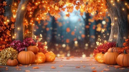 Beautiful autumn scene with pumpkins, leaves, and glowing fairy lights.