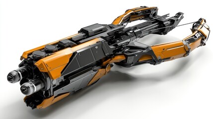 Futuristic orange and black crossbow-like weapon, intricately designed with mechanical details and a sleek, powerful aesthetic, isolated on a white background