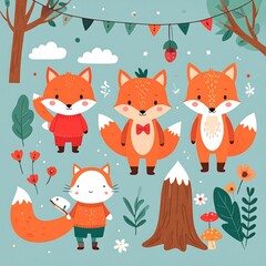 Cute foxes and a cat in a winter forest scene