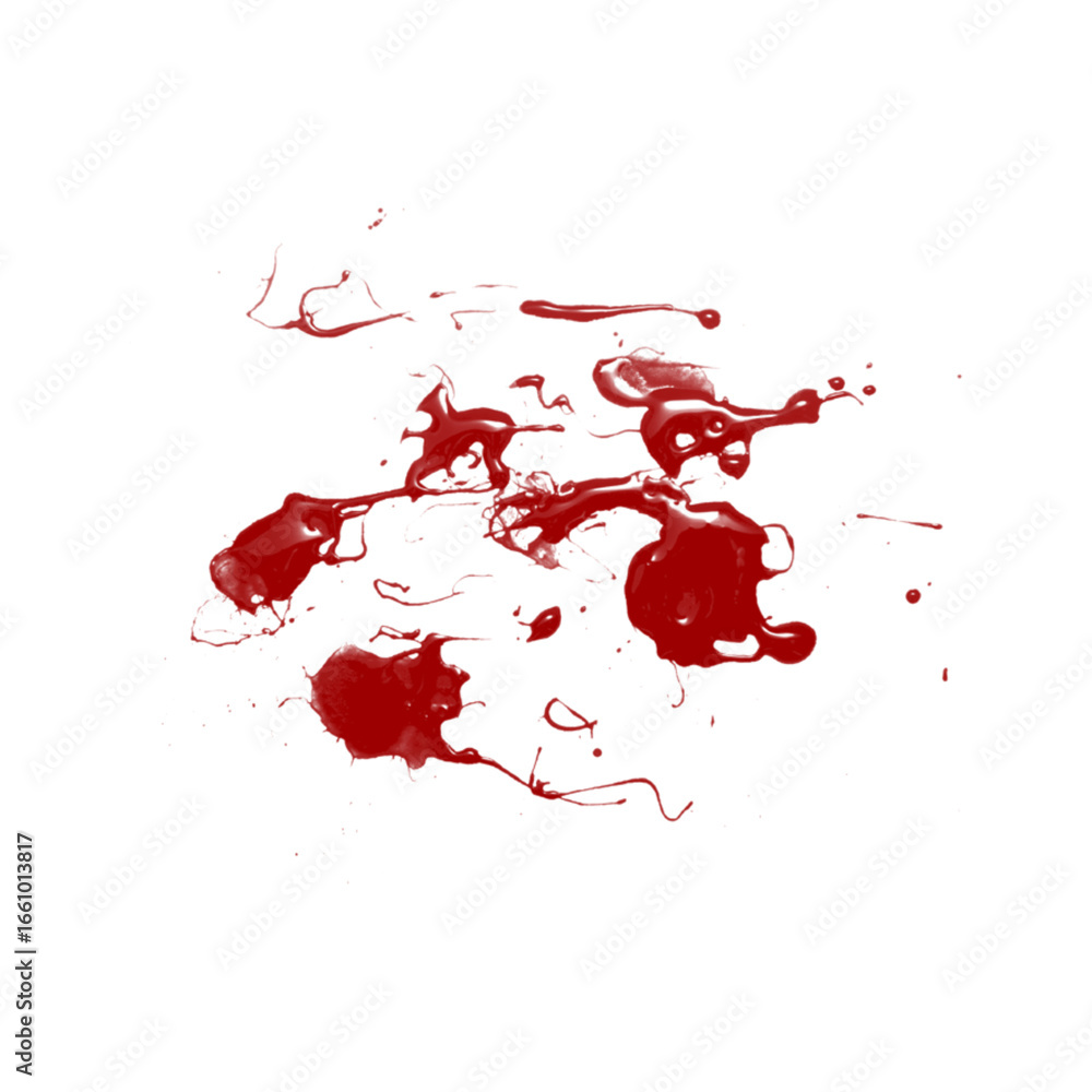 Poster crimson splatter on transparent backdrop a dynamic display of vivid red liquid droplets and streaks 
