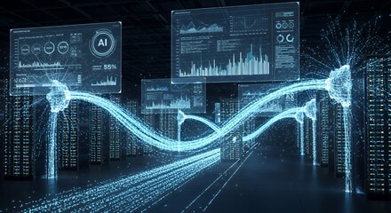 AI Network Data Flow Visualization: Futuristic Server Room with Neural Networks