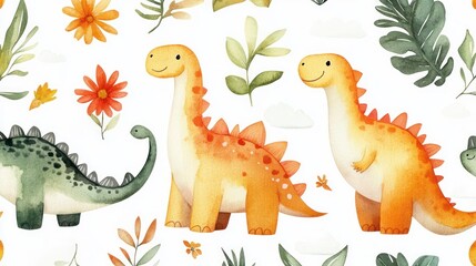 Fototapeta premium Watercolor dinosaurs and floral pattern. Cute, cartoon-style dinosaurs in orange and green, surrounded by flowers and leaves on a white background