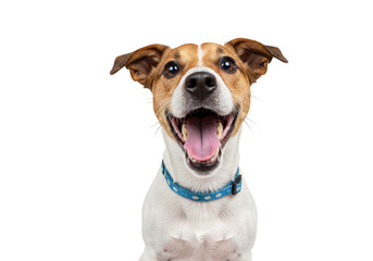 A happy and excited jack russell terrier dog with its mouth open and tongue out, wearing a blue collar, isolated on transparent background