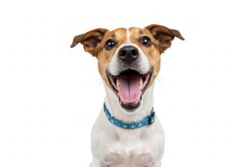 A happy and excited jack russell terrier dog with its mouth open and tongue out, wearing a blue collar, isolated on transparent background
