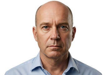 Portrait of a middleaged bald caucasian man with blue eyes, looking directly at the camera, isolated on transparent background