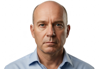 Portrait of a middleaged bald caucasian man with blue eyes, looking directly at the camera, isolated on transparent background
