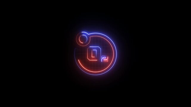 Neon Oxygen atomic icon, glowing circular design, medical science symbol, chemistry and biology concept, futuristic 4k motion graphic on black background