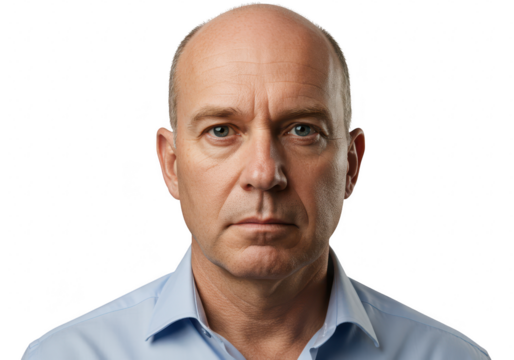 Portrait of a middleaged bald caucasian man with blue eyes, looking directly at the camera, isolated on transparent background