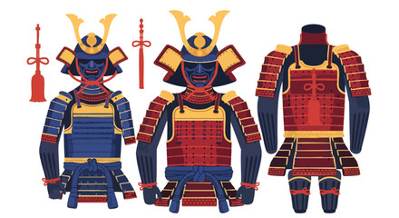 Stylized vector art showcasing detailed Japanese samurai armor designs with vibrant colors and traditional aesthetic influences