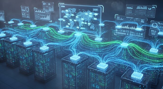 Global Data Network: A Visual Representation of interconnected servers and data streams.