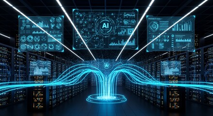 AI Data Center: Futuristic Server Room with Artificial Intelligence