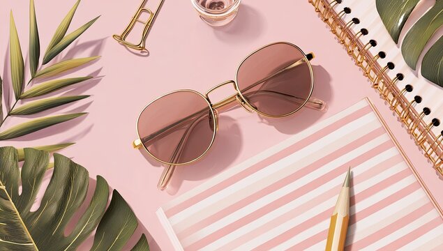 Pink desk setup with sunglasses, notepad, pencil, and tropical leaves