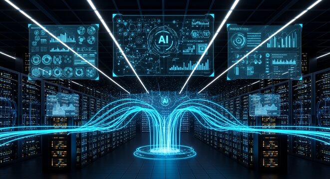 AI Data Center: Futuristic Server Room with Artificial Intelligence