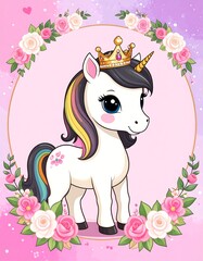 Cute unicorn with crown in floral frame