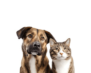 A dog and a cat sitting together and looking directly at the camera