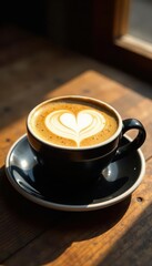Black cup, heart-shaped latte art, sunlit rustic wood , art, overhead