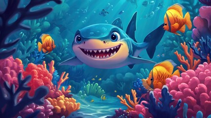 Happy shark smiles amidst vibrant coral reef, surrounded by colorful fish