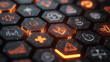 Close-up of glowing orange icons on hexagonal black textured tiles