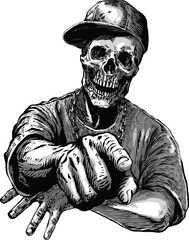 Hip Hop Skeleton Rapper Pointing Finger Streetwear Vector Illustration