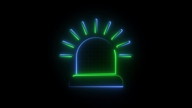 Glowing siren symbol in flat modern design, emergency alarm warning icon for app, ui, web and logo, futuristic 4k animation video on dark background