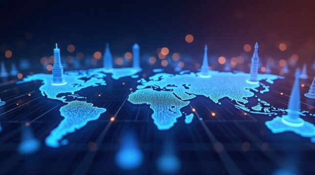 Digital world map with global network connections and skyscrapers - Powered by Adobe