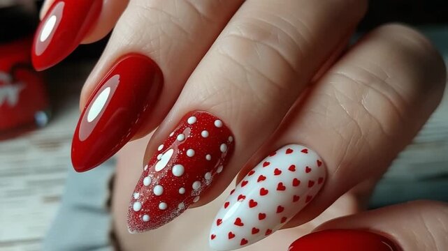 A beautiful valentine's day manicure featuring red and white hearts elegantly designed on a woman's hand. The nails shine with creativity, perfect for celebrating love and affection.