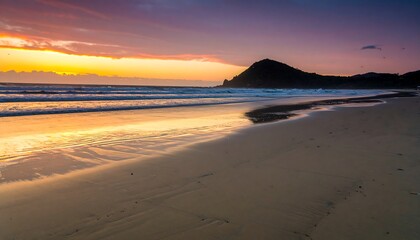 Obraz premium Serene Beach Sunset with Vibrant Sky and Calm Ocean Waves.