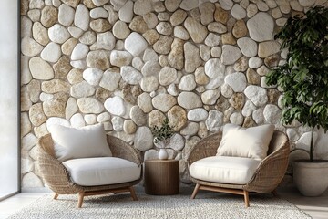 Two armchairs positioned against a stone pebble cladding wall, reflecting Mediterranean home interior design for a modern living room. 3D rendering, Generative AI