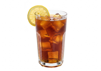 A tall glass of iced tea with ice cubes and a lemon slice, isolated on a transparent background
