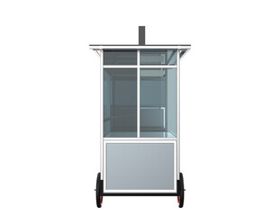 Minimalist Design Street Vending Trolley: Clean 3D Rendering of Blank Silver Metal Food Cart, High Quality Isolated PNG Transparent Asset for Digital Merchandising and Pop-Up Shops.