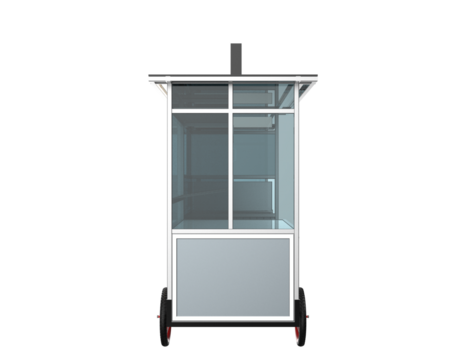 Minimalist Design Street Vending Trolley: Clean 3D Rendering of Blank Silver Metal Food Cart, High Quality Isolated PNG Transparent Asset for Digital Merchandising and Pop-Up Shops.