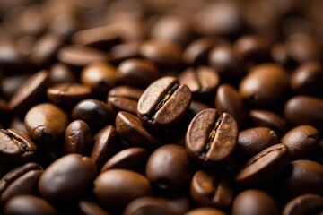 Naklejka premium Close-up, espresso, scattered beans, dark brown hues , coffee, brown, caffeine