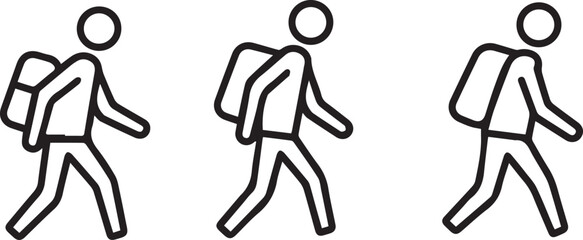 Three simple line icons of hikers with backpacks, perfect for travel, adventure, and outdoor themed designs, reflecting exploration and simple journeys