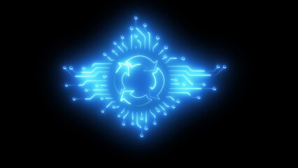 Blue neon circuit board with recycling symbol technology