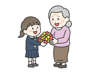 敬老の日に、祖母にプレゼントを渡す、制服を着た女の子のイラスト｜敬老の日