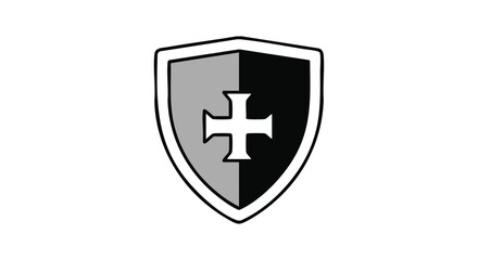 Obraz premium Monochrome heraldic emblem featuring a symmetrical shield with a centered cross, suggesting history and lineage representing power 96 characters