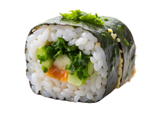 Closeup of a delicious sushi roll with rice, seaweed, salmon, and fresh vegetables, isolated on transparent background, a healthy and tasty meal