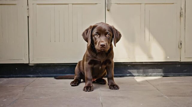 Puppy focusing intently on learning to sit, soft natural lighting, warm and encouraging mood

