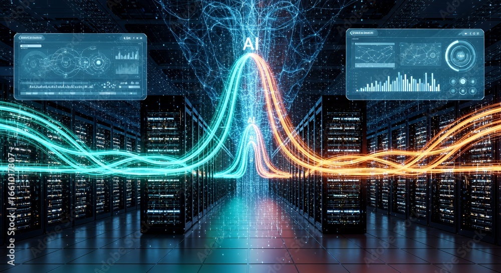 Poster ai power: data streams in a modern server room
