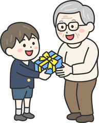 敬老の日に、祖父にプレゼントを渡す、制服を着た男の子のイラスト｜敬老の日
