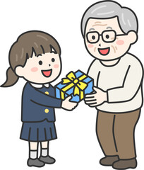 敬老の日に、祖父にプレゼントを渡す、制服を着た女の子のイラスト｜敬老の日