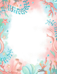 Watercolor frame with sea plants, seaweed postcard. Template in children's style. Illustration of corals, starfish, seashell, bubbles on pink turquoise spot. Hand drawn art isolated from background.