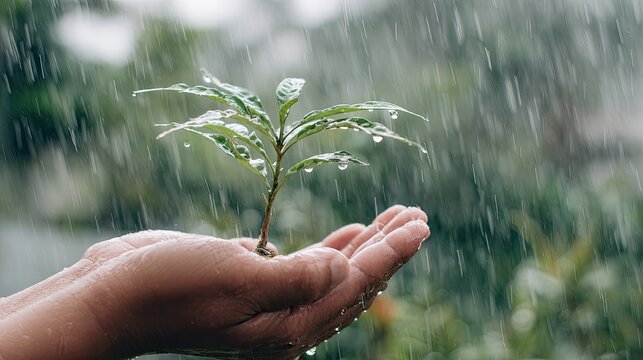Hand cradles a young plant in a downpour, hopeful growth