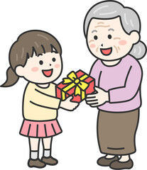 敬老の日に、祖母にプレゼントを渡す、女の子のイラスト｜敬老の日